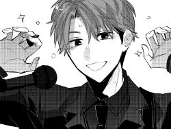 Rule 34 | 1boy, :d, collared shirt, curtained hair, formal clothes, futsuu no keion-bu, greyscale, hands up, jacket, kusakabe (sasa ks6), looking at viewer, male focus, microphone, monochrome, necktie, official alternate costume, open mouth, parted bangs, scene reference, screentones, shirt, short hair, simple background, smile, solo, suit, suit jacket, takami kouki, upper body, white background