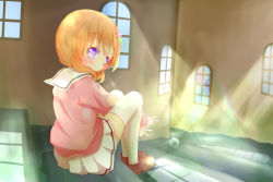 Rule 34 | 1girl, 22m, :3, blush, brown shoes, day, double v, female focus, flower, from behind, full body, gochuumon wa usagi desu ka?, hair flower, hair ornament, hairclip, hoto cocoa, indoors, long sleeves, looking at viewer, looking back, orange hair, pink flower, pink shirt, pleated skirt, purple eyes, sailor collar, school uniform, serafuku, shirt, shoes, short hair, sitting, skirt, smile, solo, sparkle, stairs, sunlight, thighhighs, v, white sailor collar, white skirt, white thighhighs, window, zettai ryouiki