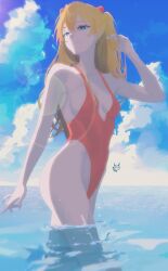 1girl artist_request blue_eyes blue_sky bodysuit breasts brown_hair cleavage cloud curvy day hair_between_eyes hand_in_own_hair highleg highleg_one-piece_swimsuit highres interface_headset_(evangelion) long_hair looking_ahead mecha_pilot_suit narrow_waist neon_genesis_evangelion ocean one-piece_swimsuit outdoors plugsuit_(evangelion) red_bodysuit signature sky small_breasts smile solo souryuu_asuka_langley sunlight thong_one-piece_swimsuit two_side_up wide_hips