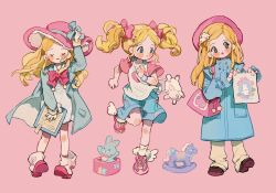 3girls angel_wings animal_bag aqua_eyes bag beret blonde_hair blue_bow blue_coat blue_shorts boots bow bowtie brown_footwear brown_pants buttons center_frills child clenched_hand clipboard closed_eyes closed_mouth coat coattails collared_coat collared_dress commentary denim denim_shorts dress eyeshadow fashion footwear_bow frills full_body fur-trimmed_footwear fur_trim hair_bow hair_ornament hand_on_headwear hat hat_bow heart heart_print high_collar highres holding holding_clipboard holding_painting jack-in-the-box lace-trimmed_bow lace_trim leg_up long_eyelashes long_hair long_sleeves looking_at_another looking_to_the_side makeup multiple_girls open_clothes open_coat open_mouth original painting_(object) pants parted_lips pink_background pink_bag pink_boots pink_bow pink_bowtie pink_eyeshadow pink_headwear pink_shoes pink_sleeves pocket putong_xiao_gou rabbit rabbit_hair_ornament rocking_horse running salute shirt shoes short_dress short_sleeves shorts shoulder_bag sidelocks simple_background smile sneakers standing straight-on straight_hair sun_hat symbol-only_commentary t-shirt twintails two-tone_footwear white_bag white_dress white_footwear white_shirt white_wings winged_footwear wings
