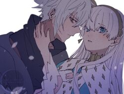 1boy 1girl anastasia_(fate) bags_under_eyes black_shirt blue_cloak blue_eyes brown_eyes brown_hairband cloak close-up ear_piercing earrings fate/grand_order fate_(series) fur_trim grey_jacket hairband hug jacket jewelry kadoc_zemlupus long_hair looking_at_viewer mady_(madine08260) neck_piercing piercing royal_robe shirt watermark white_background white_hair