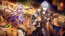 1boy 1girl acoustic_guitar antenna_hair armor black_choker black_gloves black_pants black_shirt black_tiara blue_cape blue_eyes breasts bug butterfly cape castorice_(honkai:_star_rail) choker coat commentary_request dress fingerless_gloves gloves guitar hat highres holding holding_guitar holding_instrument honkai:_star_rail honkai_(series) insect instrument long_hair low-tied_long_hair neck_tattoo official_art pants pauldrons phainon_(honkai:_star_rail) pom-pom_(honkai:_star_rail) portuguese_commentary purple_butterfly purple_eyes purple_hair shirt short_hair shoulder_armor single_glove single_pauldron small_breasts straw_hat tattoo thigh_strap thighhighs tiara very_long_hair white_coat white_dress white_hair white_thighhighs