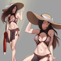 1girl alternate_costume artist_name beach_umbrella bikini brown_eyes brown_hair demdeet earrings fire_emblem fire_emblem_fates grey_background hairolver hat highres holding holding_umbrella jewelry kagero_(fire_emblem) long_hair multiple_girls navel nintendo pelvic_curtain simple_background solo sun_hat swimsuit umbrella