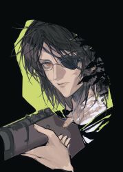 1girl absurdres black_border border brown_hair collared_shirt crying crying_with_eyes_open dated expressionless eyepatch green_background gun hange_zoe highres holding holding_gun holding_weapon one_eye_covered orange_eyes portrait rifle rimless_eyewear shingeki_no_kyojin shirt solo streaming_tears tears tears_from_one_eye unkempt weapon white_shirt zhouliang48183