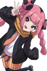 1girl :d absurdres black_eyes black_hair black_jacket braid coral_(pokemon) fang highres jacket long_sleeves looking_at_viewer naranja_academy_school_uniform necktie nintendo open_clothes open_jacket open_mouth orange_necktie orange_scarf orange_shorts pink_hair pokemon pokemon_(anime) pokemon_horizons rono_(lethys) scarf school_uniform shirt shorts smile solo twin_braids v white_background white_shirt