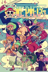 3girls 6+boys afro arm_tattoo blonde_hair blue_eyes blue_hair blue_kimono book_cover_redraw brook_(one_piece) chonmage cloud copyright_name curly_eyebrows dark-skinned_male dark_skin derivative_work earrings franky_(one_piece) full_body geisha green_hair green_kimono hair_bun hand_fan haunted-xander highres holding holding_fan holding_sword holding_weapon japanese_clothes jewelry kimono kurozumi_tama looking_at_viewer monkey_d._luffy multiple_boys multiple_girls nami_(one_piece) nami_(one_piece)_(wano) nico_robin nico_robin_(wano) ninja obi one_eye_closed one_piece orange_hair orange_sash purple_hair red_kimono roronoa_zoro sandals sanji_(one_piece) sash scar scar_across_eye scar_on_face shuriken skeleton sleeveless sleeveless_kimono smile straw_hat_pirates striped_clothes striped_kimono sword tattoo tony_tony_chopper topknot usopp vertical-striped_clothes vertical-striped_kimono weapon