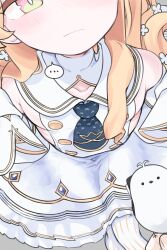 ... ._. 1girl 1other absurdres bird bird_on_hand blonde_hair blue_archive blush cleavage_cutout close-up clothing_cutout collarbone detached_sleeves dress highres looking_at_viewer necktie pov pov_hands seia_(blue_archive) sensei_(blue_archive) sharp_to_sharp short_necktie sideless_outfit spoken_ellipsis white_dress