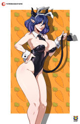 1girl animal_ears artist_name bare_shoulders breasts carrot_print demon_girl fake_animal_ears food_print hand_on_own_hip horns huge_breasts kinsou_no_vermeil kyoffie leotard lips nais necktie orange_background playboy_bunny pointy_ears purple_hair red_eyes smile tail vermeil_(kinsou_no_vermeil) wrist_cuffs