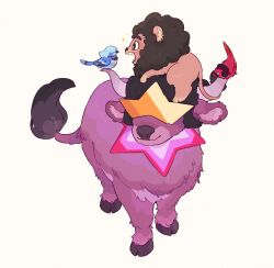 afro animal animal_focus animalization bird blue_fire cow cow_horns fire full_body garnet_(steven_universe) highres horns hua_hua_de_meme lion multiple_girls purple_fur red_fur ruby_(steven_universe) sapphire_(steven_universe) steven_quartz_universe steven_universe sunglasses white_background