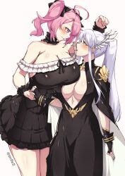 2girls absurdres aged_up ahoge alternate_breast_size alternate_costume alternate_height artist_name asymmetrical_docking azur_lane bare_shoulders black_bow black_dress black_ribbon blush bow breast_press breast_rest breasts center_opening cleavage closed_mouth cocktail_dress commentary commission dress english_commentary enterprise_(azur_lane) enterprise_(heroic_finery)_(azur_lane) evening_gown feather_hair_ornament feathers fingerless_gloves fleur-de-lis gloves hair_ornament halter_dress halterneck height_difference highres holding_hands huge_breasts jewelry kabedon large_breasts leaning_in lips long_dress long_hair long_sidelocks medium_hair miniskirt multiple_girls nervous official_alternate_costume official_alternate_hairstyle open_mouth parted_lips partially_fingerless_gloves pclle2 pink_hair ponytail purple_eyes ribbon saratoga_(azur_lane) saratoga_(morning_over_azure_sky)_(azur_lane) scrunchie sidelocks simple_background skirt smirk surprised twintails twitter_username watermark white_background white_hair wrist_cuffs wrist_scrunchie yuri