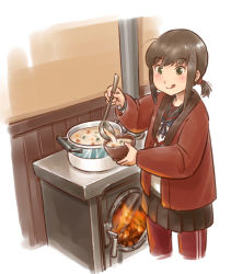 1girl anchor_symbol black_eyes black_hair black_sailor_collar black_skirt bowl commentary_request dotera feet_out_of_frame female_focus food fubuki_(kancolle) fubuki_kai_ni_(kancolle) kantai_collection karasu_(naoshow357) ladle long_hair low_ponytail pants pants_under_skirt pleated_skirt ponytail pot sailor_collar school_uniform serafuku serving short_ponytail sidelocks skirt solo soup stove tongue tongue_out track_pants