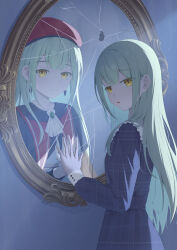 1girl absurdres alexhong1129 bang_dream! bang_dream!_it&#039;s_mygo!!!!! beret closed_mouth earrings green_hair hat highres jewelry long_hair long_sleeves looking_at_mirror mirror mortis_(bang_dream!) mortis_(costume)_(bang_dream!) mortis_(persona)_(bang_dream!) open_mouth red_hat wakaba_mutsumi yellow_eyes