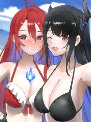 Rule 34 | 2girls, ;d, absurdres, ahoge, bikini, black bikini, black hair, blue fire, blue hair, blue sky, blush, breasts, closed mouth, colored inner hair, commentary, day, elizabeth rose bloodflame, english commentary, fire, fire on chest, hair between eyes, highres, hololive, hololive english, large breasts, mole, mole under eye, multicolored hair, multiple girls, nerissa ravencroft, nose blush, one eye closed, open mouth, outdoors, red bikini, red eyes, red hair, sky, smile, swimsuit, unsaynani, virtual youtuber, wet
