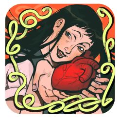 Rule 34 | 1girl, b0lyachka, black hair, black lips, border, commentary, fear &amp; hunger (series), fear &amp; hunger 2: termina, heart (organ), long hair, looking at viewer, open mouth, orange background, samarie (fear &amp; hunger), smile, solo, symbol-only commentary, teeth, white border