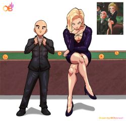 Rule 34 | 1boy, 1girl, android 18, bald, bald male, black dress, black suit, blonde hair, blue eyes, breasts, cleavage, couple, crossed legs, dragon ball, dragon ball (object), dragon ball super, dress, formal clothes, happy, husband and wife, kuririn, looking at viewer, serious, smile, suit, thick thighs, thighs
