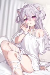 1girl animal_ears bed bra cat_ears cat_girl cat_tail fellatio_gesture fishnet_thighhighs fishnets frilled_thigh_strap fur_wrist_cuffs grey_hair hair_ornament highres long_hair looking_at_viewer multicolored_hair neck_ribbon no_pants off_shoulder on_bed open_mouth original paragasu_(parags112) pillow pink_eyes pink_hair ribbon shirt short_sleeves single_thighhigh sitting streaked_hair tail thigh_strap thighhighs two_side_up underwear white_bra white_hair white_ribbon white_shirt wrist_cuffs