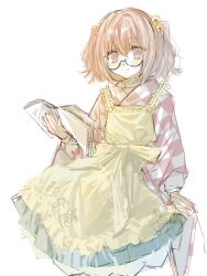 1girl apron arm_at_side bell black-framed_eyewear book bow bow_apron brown_eyes brown_hair character_name checkered_clothes checkered_kimono closed_mouth clothes_writing copyright_name ff_(pixiv_104744337) frilled_apron frilled_skirt frills glasses green_skirt hair_bell hair_ornament highres holding holding_book invisible_chair japanese_clothes jingle_bell kimono long_sleeves looking_at_viewer medium_skirt motoori_kosuzu open_book semi-rimless_eyewear short_hair short_twintails simple_background sitting sketch skirt smile solo split_mouth touhou twintails two_side_up under-rim_eyewear white_background wide_sleeves yellow_apron yellow_bow