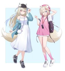 2girls alternate_costume animal_ear_fluff animal_ears bag bandaid bandaid_hair_ornament bare_shoulders baseball_cap beret blonde_hair blue_coat blue_nails breasts cleavage coat collar dog_ears dog_girl dog_tail dress fuwawa_abyssgard hair_ornament hat highres hololive hololive_english long_hair looking_at_viewer mococo_abyssgard multicolored_hair multiple_girls nail_polish perroccino_(fuwamoco) phone pink_nails pink_shirt pink_socks salute shirt short_hair shoulder_bag siblings simple_background sisters skirt socks standing streaked_hair tail thighs tokisaka_makoto twins virtual_youtuber white_dress white_skirt wide_sleeves