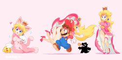 1girl 2boys animal_costume animal_ears animal_hands arm_support artist_name ass big_nose black_eyes blonde_hair blue_eyes blue_overalls body_fur bowser breasts breath_weapon breathing_fire brooch brown_footwear brown_hair buttons carrying carrying_over_shoulder carrying_person cashewshibainu cat_costume cat_ears cat_tail clenched_hand clothes_lift constricted_pupils covered_navel crown dot_nose dress dress_lift earrings elbow_gloves eyelashes facial_hair fire fireball fleeing frilled_thigh_strap gloves grabbing_another&#039;s_ass gradient_hair groping hand_up hat head_tilt heart high_collar high_heels highres impossible_clothes impossible_dress jewelry legs lips long_dress long_hair long_sleeves looking_at_viewer looking_to_the_side lying mario mario_(series) medium_breasts multicolored_hair multiple_boys multiple_views mustache nintendo no_socks nose on_side open_hands open_mouth overalls panties parted_lips paw_gloves pink_background pink_dress pink_footwear pink_hair pink_lips pink_panties princess_peach puffy_short_sleeves puffy_sleeves red_headwear red_shirt running shadow shirt shoes short_sleeves silhouette simple_background smile solid_eyes sparkle speech_bubble spoken_heart standing super_bell super_mario_3d_world super_mario_bros._1 sweat tail teeth thick_eyebrows thigh_strap thighs tiptoes toe_cleavage two-tone_hair underwear upper_teeth_only white_gloves wide_hips
