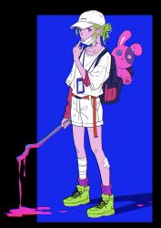 1girl absurdres adjusting_mask backpack bag bandaged_leg bandages belt black_bag blood commentary_request full_body green_hair green_shoes hair_bun hat highres holding holding_weapon mask mele_ck mouth_mask original pink_blood pink_eyes purple_socks red_belt shadow shirt shoelaces shoes shorts sneakers socks solo standing stuffed_animal stuffed_rabbit stuffed_toy weapon white_hat white_shirt white_shorts