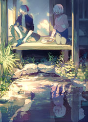 1girl 2boys aged_down boku_no_hero_academia brother_and_sister closed_eyes collared_shirt cup different_reflection earrings glasses grass holding holding_hands holding_teapot jacket jewelry looking_at_another looking_to_the_side mebaru multicolored_hair multiple_boys pants pillar pink_sweater plant pond red_hair reflection reflective_water shirt siblings sitting socks sweater teacup teapot todoroki_fuyumi todoroki_natsuo todoroki_shoto tray vegetation veranda white_shirt wooden_floor