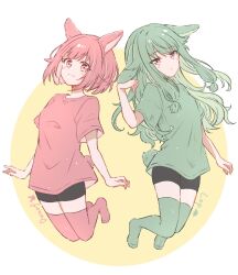 Rule 34 | 2girls, animal ears, arms at sides, black shorts, breasts, circle, closed mouth, commentary, curled fingers, dot nose, english text, floating, floppy ears, full body, green hair, green shirt, green tail, green thighhighs, hand on own ear, hand up, highres, kaku3561, kusanagi nene, legs up, light blush, light frown, long hair, long sidelocks, looking at viewer, low-tied sidelocks, multiple girls, no shoes, ootori emu, pink hair, pink shirt, pink tail, pink thighhighs, project sekai, purple eyes, rabbit ears, rabbit girl, rabbit symbol, rabbit tail, shirt, short hair, short sleeves, shorts, side-by-side, sidelocks, simple background, small breasts, smile, tail, thighhighs, two-tone background, white background, zettai ryouiki