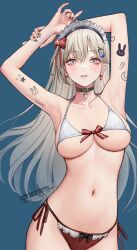 10_plus 1girl arm_tattoo armpits arms_up belt_collar bikini black_nails blonde_hair blue_background blush bow bow_bikini breasts cleavage collar collarbone commission copyright_request crescent crescent_hair_ornament crescent_tattoo cross_hair_ornament earrings finger_tattoo grey_eyes hair_bow hair_ornament heart heart_earrings heart_tattoo highres holding_own_wrist jewelry large_breasts long_hair looking_at_viewer maid_headdress micro_bikini mismatched_bikini nail_polish navel parted_lips rabbit_tattoo red_bikini side-tie_bikini_bottom simple_background skeb_commission solo star_tattoo stomach swimsuit tattoo twitter_username underboob watermark white_bikini