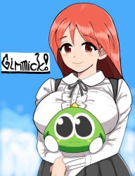 1girl black_skirt breasts center_frills closed_mouth dress frills gimmick! horns kunisada_kimisono large_breasts logo looking_at_viewer monster pleated_skirt red_eyes red_hair single_horn skirt smile unnamed_girl_(gimmick!) upper_body white_dress yellow_horns yumetaro