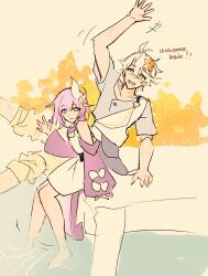 Rule 34 | 1boy, 1girl, ahoge, barefoot, binbou03, blue eyes, blue shirt, coat, cyrene (honkai: star rail), dress, feet, flower, hair flower, hair ornament, honkai: star rail, honkai (series), looking at viewer, phainon (honkai: star rail), purple coat, shirt, short hair, shorts, waving hands, white dress, yellow shorts