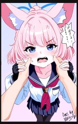 1girl 1other anger_vein angry animal_ear_fluff animal_ears armband black_gloves blue_archive blue_eyes blue_sailor_collar blue_skirt blush fangs fingerless_gloves fox_ears fox_girl gloves hands_on_another&#039;s_face highres holding_hands long_hair looking_at_viewer melissa_v2 neckerchief niko_(blue_archive) open_mouth pink_hair ponytail pov red_armband red_neckerchief sailor_collar sensei_(blue_archive) sidelocks skirt sweatdrop
