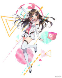 1girl arm_up boots brown_hair commentary_request company_name hairband kizuna_ai kizuna_ai_inc. long_hair looking_at_viewer microskirt multicolored_hair official_art open_mouth phantom_of_the_kill pink_hair pink_hairband sailor_collar second-party_source skirt sleeveless solo standing standing_on_one_leg streaked_hair teeth thigh_boots upper_teeth_only white_boots white_sailor_collar white_skirt