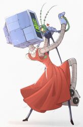 1boy 1girl antennae artist_name auveiss crt dress heart highres jewelry karen_(spongebob) plankton_(spongebob) red_dress ring robot simple_background spongebob_squarepants_(series) white_background