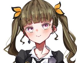 Rule 34 | 1girl, absurdres, arrow earrings, black jacket, black necktie, brown hair, center-flap bangs, closed mouth, collarbone, commentary request, earrings, hair ornament, highres, i do me! (love live!), jacket, jewelry, kachimachi kosuzu, link! like! love live!, long hair, love live!, mismatched earrings, necktie, official alternate costume, official alternate hairstyle, open clothes, open jacket, pink eyes, rere 88rere, shirt, sidelocks, simple background, smile, solo, split mouth, twintails, very long hair, white background, white shirt, x hair ornament