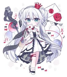 Rule 34 | 1girl, banner, breasts, commentary, covering own mouth, crown, double bun, dress, eleanor forte, english commentary, envelope, frilled dress, frills, full body, g ieep, green eyes, hair bun, holding, holding envelope, long hair, microphone, mini crown, musical note, red crown, second-party source, shoes, solo, synthesizer v, twintails, very long hair, wax seal, white background, white dress, white shoes