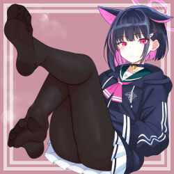 1girl animal_ears black_choker black_hair black_jacket black_pantyhose black_trim blue_archive cat_choker cat_ears choker closed_mouth colored_inner_animal_ears colored_inner_hair feet green_sailor_collar hair_ornament hairclip halo hands_in_pockets highres hood hooded_jacket jacket kazusa_(blue_archive) legs_up long_sleeves looking_at_viewer lumina414 multicolored_hair neckerchief no_shoes pantyhose pink_eyes pink_halo pink_neckerchief pink_streaks pleated_skirt sailor_collar sitting skirt soles streaked_hair thighs white_skirt