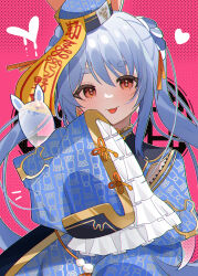 1girl absurdres animal_ears blue_dress blue_hair blue_hat braid braided_bun chinese_clothes closed_mouth don-chan_(usada_pekora) double_bun dress earrings frilled_dress frills ghost gold_trim hair_bun hair_ribbon hana20000920 hat heart highres hikimayu hololive jewelry jiangshi_costume juliet_sleeves long_hair long_sleeves multicolored_hair official_alternate_costume official_alternate_hairstyle ofuda pom_pom_(clothes) pom_pom_earrings puffy_sleeves rabbit-shaped_pupils rabbit_ears rabbit_girl red_eyes ribbon short_eyebrows sidelocks sleeves_past_fingers sleeves_past_wrists solo symbol-shaped_pupils thick_eyebrows tongue tongue_out twintails two-tone_hair usada_pekora usada_pekora_(10th_costume) virtual_youtuber white_hair wide_sleeves
