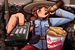 1girl alcohol beer beer_bottle bird bottle brown_eyes brown_hair chicken controller drinking gun hat highres holding holding_bottle holding_remote_control long_hair man_watching_tv_(meme) meme military_uniform one_eye_closed ponytail remote_control sidelocks tanuki_kobayashi watching_television weapon