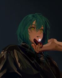 Rule 34 | 1girl, 1other, akao rion, black background, black jacket, blurry, blurry foreground, cigarette, dark, depth of field, expressionless, from below, green hair, hair between eyes, highres, holding, holding lighter, jacket, lighter, lighting cigarette, looking ahead, medium hair, mouth hold, o0hiruko0o, out of frame, parted lips, sakamoto days, simple background, smoking, yellow eyes, zippo lighter