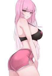 1girl absurdres artist_name ass bare_shoulders black_tank_top blush breasts commentary english_commentary helldeer highres hololive hololive_english large_breasts long_hair looking_at_viewer mori_calliope parted_lips pink_eyes pink_hair pink_shorts shorts side_slit side_slit_shorts simple_background skull_print solo strap_gap tank_top thighs twitter_username virtual_youtuber white_background