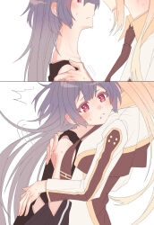2girls absurdres black_necktie blonde_hair blush brown_necktie collared_dress commentary_request dress duel_monster emptyayya grey_hair head_steam highres long_hair long_sleeves multiple_girls necktie red_eyes sky_striker_ace_-_raye sky_striker_ace_-_roze sweat twintails two-tone_dress yu-gi-oh! yuri
