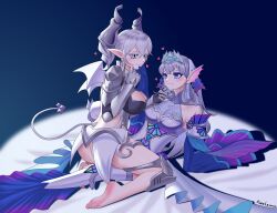 2girls absurdres arm_fins armor ass barefoot blue_eyes blush breasts cleavage cleavage_cutout closed_mouth clothing_cutout demon_girl demon_horns demon_tail demon_wings detached_sleeves drill_hair duel_monster fins fish_girl grey_eyes grey_hair hand_on_another&#039;s_face head_fins heart highres horns kitkallos_(yu-gi-oh!) lady_labrynth_of_the_silver_castle large_breasts long_hair looking_at_another lovely_labrynth_of_the_silver_castle lying medium_breasts multiple_girls pointy_ears rare_lemon smile soles tail tearlaments_kitkallos tearlaments_rulkallos tiara twin_drills wings yu-gi-oh! yuri