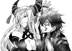 1boy 1girl asymmetrical_horns breasts dragon_girl eyebrow_piercing face_piercing facial_tattoo fire_emblem fire_emblem_engage greyscale griss_(fire_emblem) hair_ornament hair_over_one_eye highres horns illust_mi large_breasts lip_piercing looking_at_another looking_to_the_side mature_female monochrome multiple_piercings nintendo piercing pointy_ears tassel tassel_hair_ornament tattoo uneven_horns zephia_(fire_emblem)