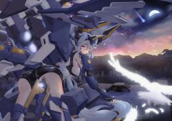 4levfcedai77jgq absurdres all_fours armor bikini_armor bird blue_hair breasts cityscape dragon_girl dragon_horns energy_cannon feathers hair_between_eyes headpiece highres horns large_breasts long_hair looking_at_viewer mecha_musume mechanical_legs mechanical_tail mechanical_wings missile_pod moon mountainous_horizon purple_eyes railgun rhine_(starward) sky starward tail very_long_hair wings