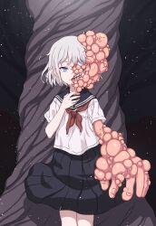 1girl blue_eyes broiler cracked_skin expressionless flesh grey_hair highres looking_at_viewer mutation original school_uniform serafuku short_hair skirt solo teeth tree