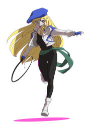Rule 34 | 1girl, blonde hair, breasts, brown eyes, fingerless gloves, full body, gear senshi dendou, gloves, hat, highres, jacket, long hair, long sleeves, looking at viewer, mask, open mouth, simple background, solo, ueyama michirou, unitard, vega (dendoh), weapon, white background