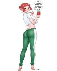 Rule 34 | 1girl, absurdres, aki-chan (dismaiden), alternate species, artist name, ass, back, barefoot, blunt bangs, braid, braided bun, breasts, brown eyes, commentary, cosplay, dimples of venus, dismaiden, eating, elf, elf-san wa yaserarenai., elfuda (elf-san wa yaserarenai.), elfuda (elf-san wa yaserarenai.) (cosplay), english commentary, english text, food, food on face, french fries, from behind, full body, green pants, hair bun, highres, holding, holding food, huge breasts, inktober, large breasts, looking at viewer, looking back, midriff, open mouth, orange hair, original, pants, pointy ears, shirt, short hair, short sleeves, sidelocks, simple background, single hair bun, soles, solo, speech bubble, standing, teeth, tiptoes, track pants, twisted torso, upper teeth only, white background, white shirt