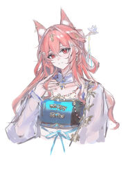 Rule 34 | 1girl, absurdres, animal ear fluff, animal ears, arknights, closed mouth, commentary, cropped torso, crossed bangs, hair between eyes, hair intakes, hair ornament, hand in own hair, hand up, highres, jewelry, long hair, long sleeves, necklace, pink hair, pozyomka (arknights), red eyes, simple background, sketch, smile, solo, white background, zhishi mao tiao