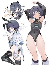 1girl animal_ear_hairband animal_ears animalization aqua_eyes armor arms_at_sides arms_up barefoot black_bridal_gauntlets black_hair black_hairband black_horns black_leggings black_leotard black_panties black_tail black_thighhighs blunt_ends breasts bridal_gauntlets butt_crack cigarette coattails demon_horns demon_tail eyeliner eyeshadow fake_animal_ears fake_tail genderswap genderswap_(mtf) genshin_impact gloves gluteal_fold hairband half_gloves highleg highleg_leotard highres horns jacket japanese_armor kingyo_(nyankomanjyuu15) kote kurokote leggings leotard looking_at_viewer looking_back looking_down makeup medium_breasts multiple_views open_clothes open_jacket open_mouth panties person_and_animalization purple_rope rabbit_ears red_eyeliner red_eyeshadow rope scaramouche_(cat)_(genshin_impact) scaramouche_(genshin_impact) sideboob smoke smoking stuffed_animal stuffed_toy suit_jacket tail tally thighhighs tongue tongue_out tsurime turning_head underwear uneven_eyes wanderer_(genshin_impact) white_background white_gloves white_jacket white_thighhighs wispy_bangs