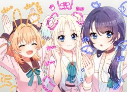 3girls :3 :d ^_^ animal_ears blonde_hair blue_eyes blue_hair blue_ribbon closed_eyes closed_mouth clothing_cutout collarbone commentary dog_ears dog_tail drawn_ears drawn_tail drawn_wings dream_believers dress fang fang_out flower gradient_hair grey_background hair_flower hair_intakes hair_ornament hair_ribbon heart hinoshita_kaho link!_like!_love_live! long_hair long_sleeves looking_at_viewer love_it!_wonderful_trip! love_live! low_twintails medium_hair multicolored_hair multiple_girls murano_sayaka official_alternate_costume open_mouth orange_hair osawa_rurino paw_print pink_dress pink_flower purple_hair rabbit_ears rabbit_hair_ornament rabbit_tail ribbon short_sleeves shoulder_cutout simple_background single_feather smile sound_effects tail twintails virtual_youtuber yoon_(yoon_lovelive)