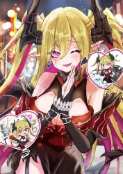 Rule 34 | 1girl, bare shoulders, black bridal gauntlets, black horns, black tail, black wings, blonde hair, blurry, blush, bokeh, breasts, bridal gauntlets, cleavage, cleavage cutout, clothing cutout, colored inner hair, demon girl, demon horns, demon tail, demon wings, depth of field, dress, duel monster, ear piercing, earrings, heart, horns, jewelry, lacrima the crimson tears, large breasts, long hair, makeup, multicolored hair, noppe, one eye closed, open mouth, piercing, pointy ears, red dress, red eyes, runny makeup, smile, solo, tail, two-tone hair, two side up, wings, yu-gi-oh!, yu-gi-oh! master duel